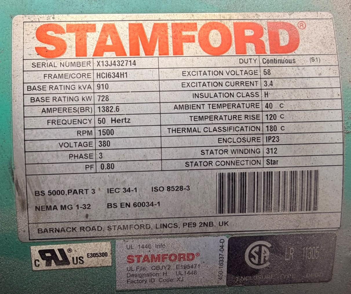 Stamford HCI 634H1 alternator identification plate - 2014 CPG C900 D5 Cummins containerised generator