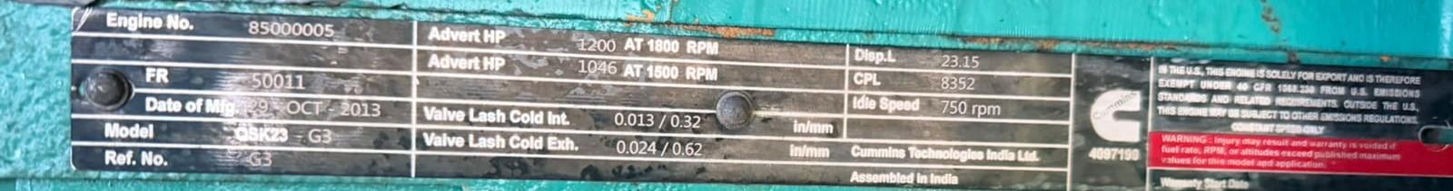 Cummins engine identification plate - 2014 CPG C900 D5 Cummins containerised generator