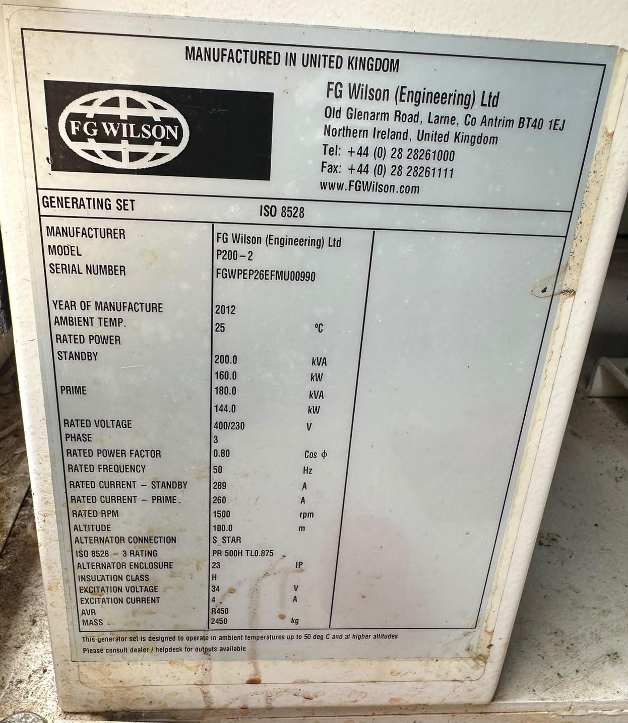 FG Wilson nameplate showing 180 kVA prime and 200 kVA standby - 2012 FG Wilson P200-2 used generator
