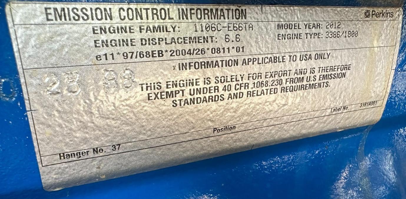 Perkins engine information label - 2012 FG Wilson P200-2 used generator