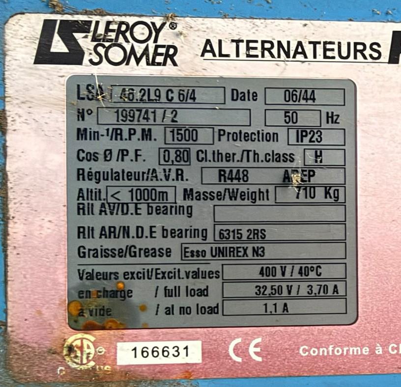 Leroy Somer LSA 46.2 L9 alternator identification plate